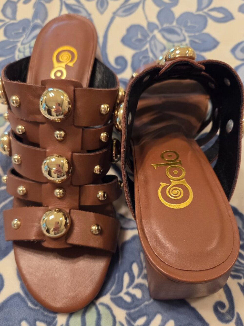 Golo Worthy Brown Gold Studded Itailan Leather Slide Block Heeled Sandal - Picture 2 of 4